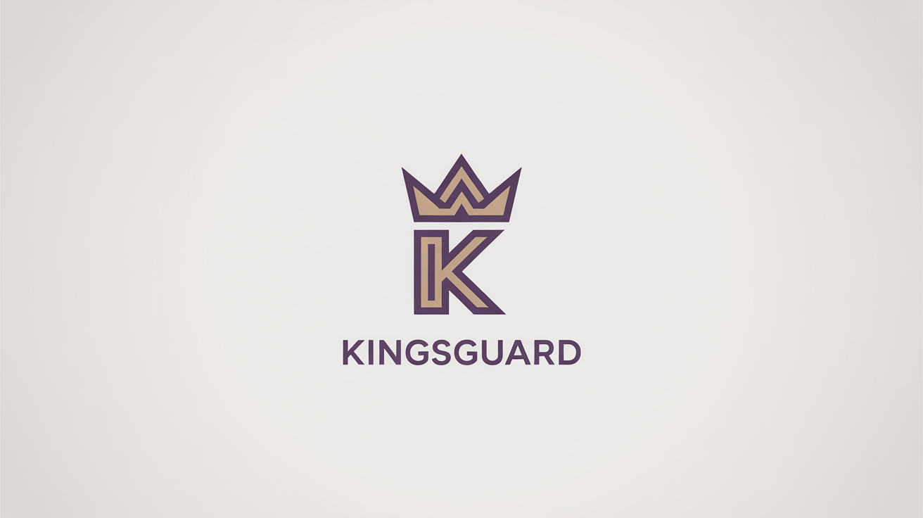 A modern, minimalist logo in gold and royal purple featuring a stylized crown integrated with the letter 'K', with the text 'KINGSGUARD' below, all on a clean white background.