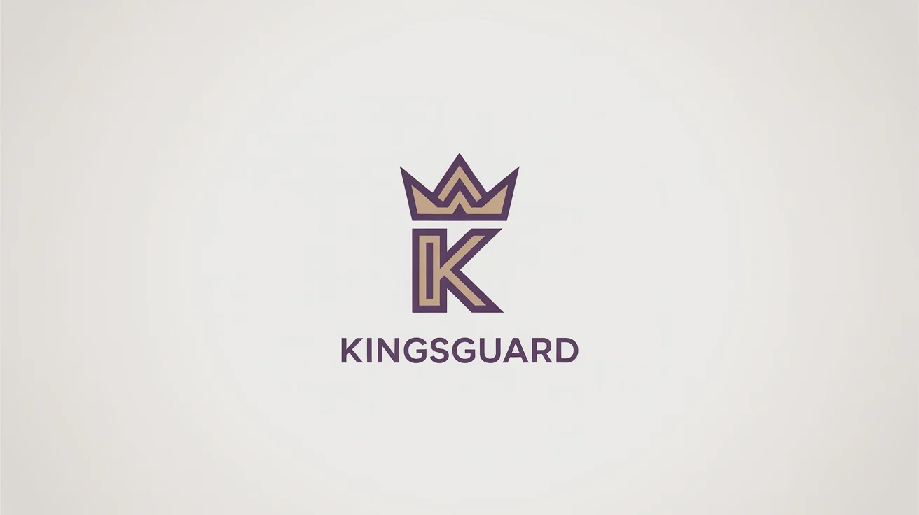 A modern, minimalist logo in gold and royal purple featuring a stylized crown integrated with the letter 'K', with the text 'KINGSGUARD' below, all on a clean white background.