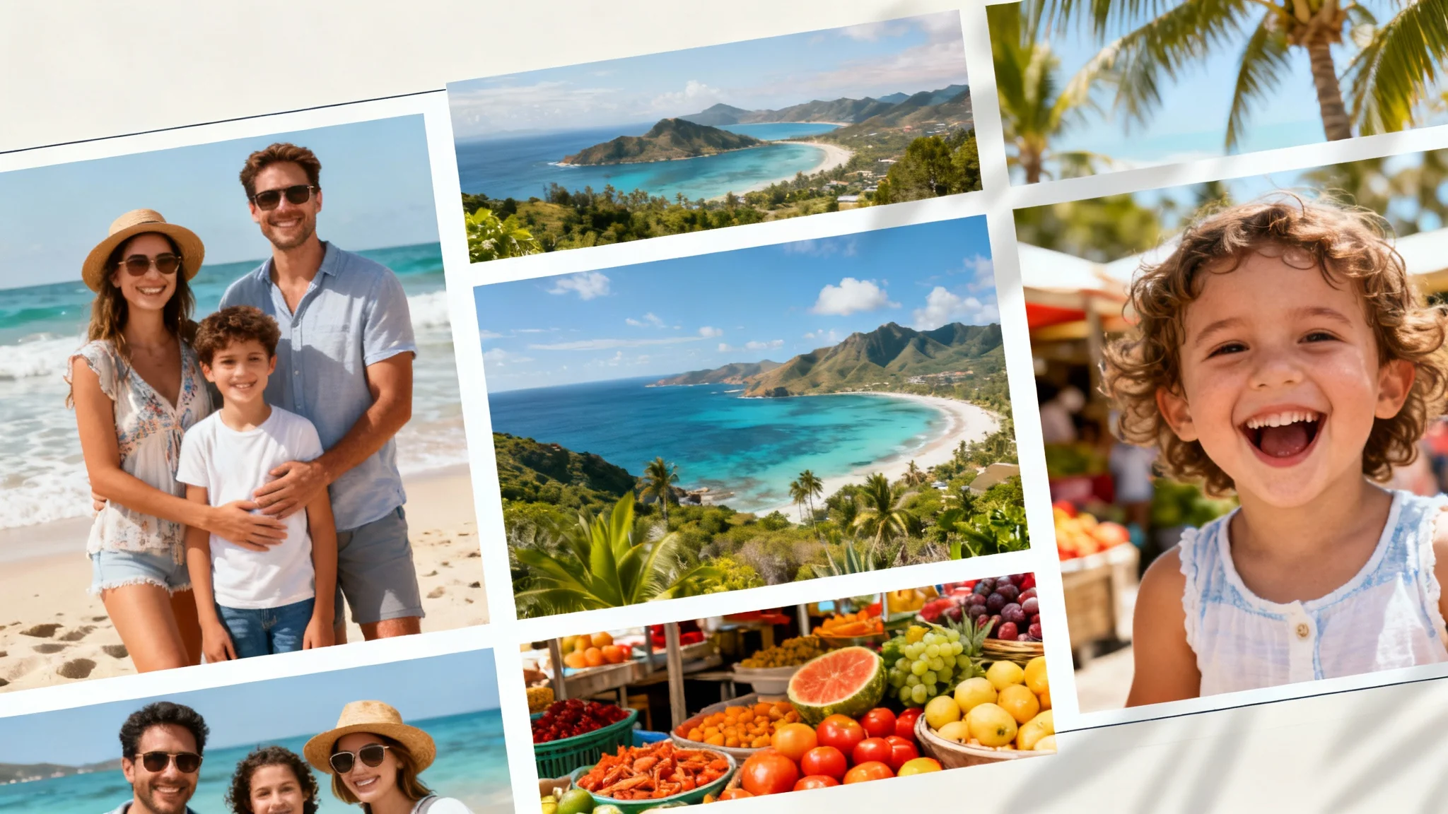 A polished digital photo collage showcasing vibrant pictures from a family summer vacation, arranged in a clean grid and set against a neutral background.