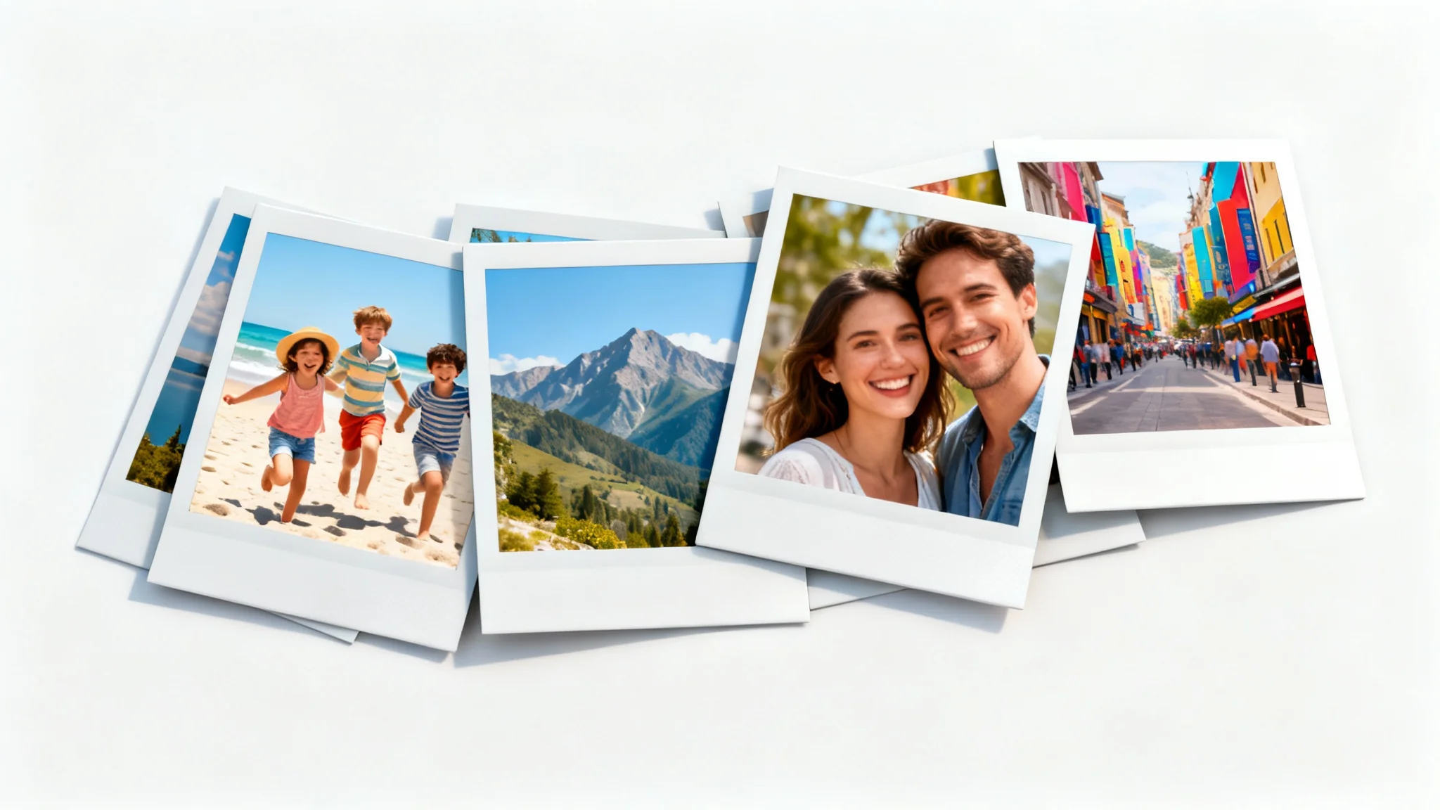 A photo collage of family vacation pictures, including a beach scene and mountain landscape, arranged artfully on a clean white background.