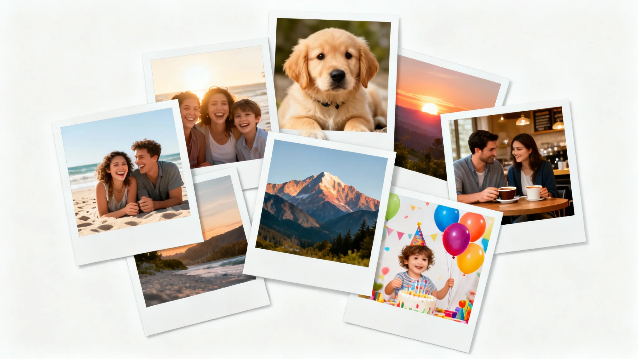 A vibrant photo collage mockup displaying various happy memories, including family, pets, travel, and celebrations, arranged on a clean white background.