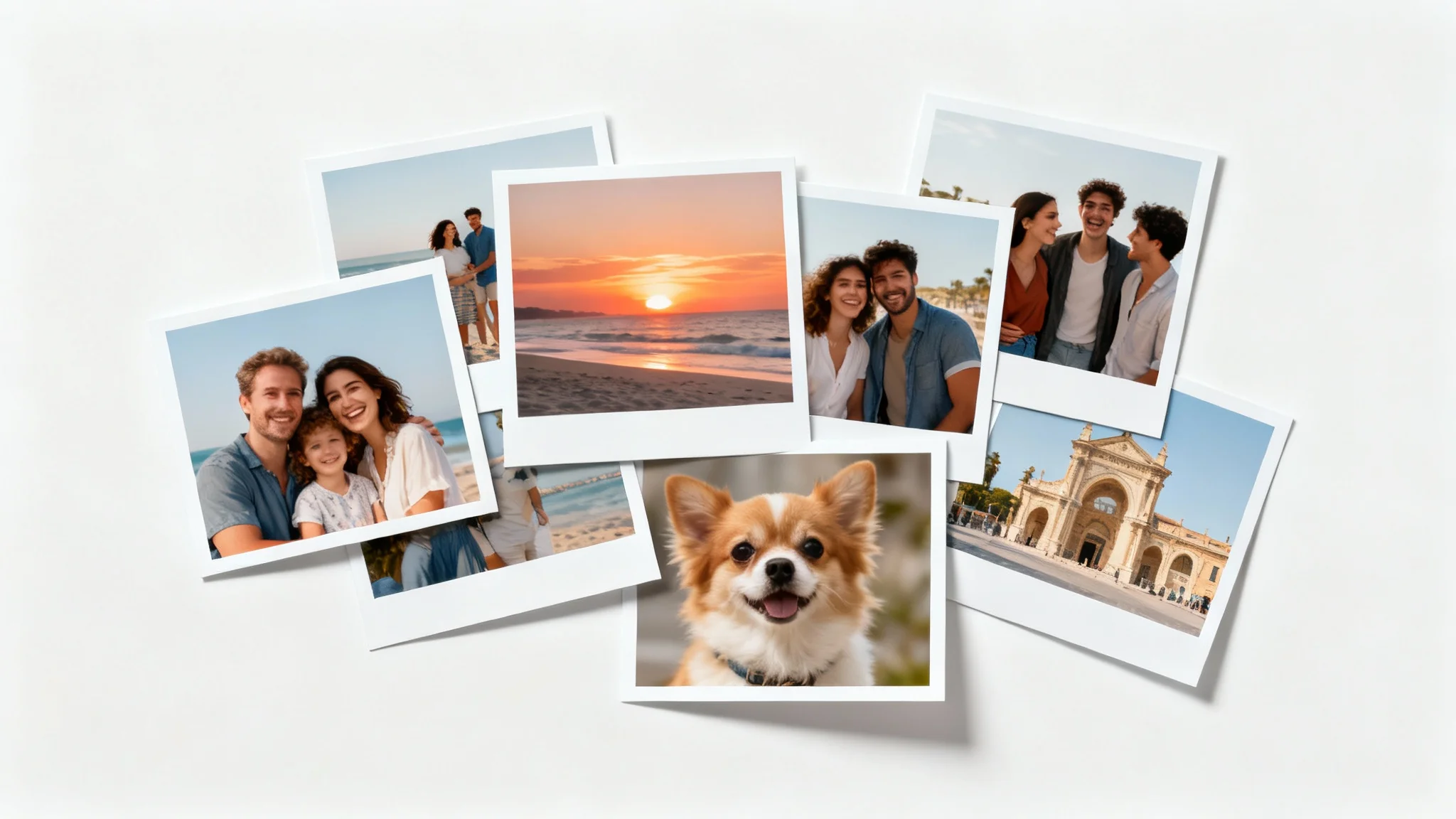 A photo collage mockup with overlapping prints of a family, a beach sunset, and friends, arranged on a white background.