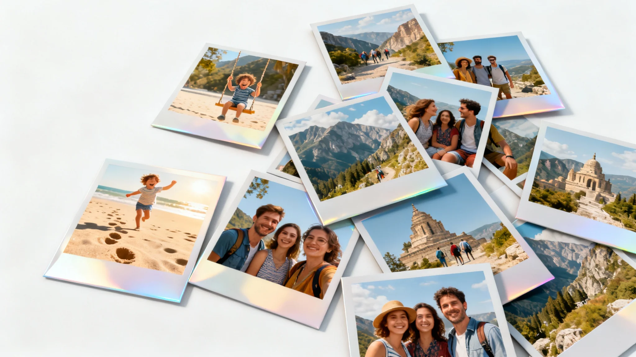 A photorealistic mockup of a photo collage with overlapping prints of family travel memories, displayed on a clean white background.