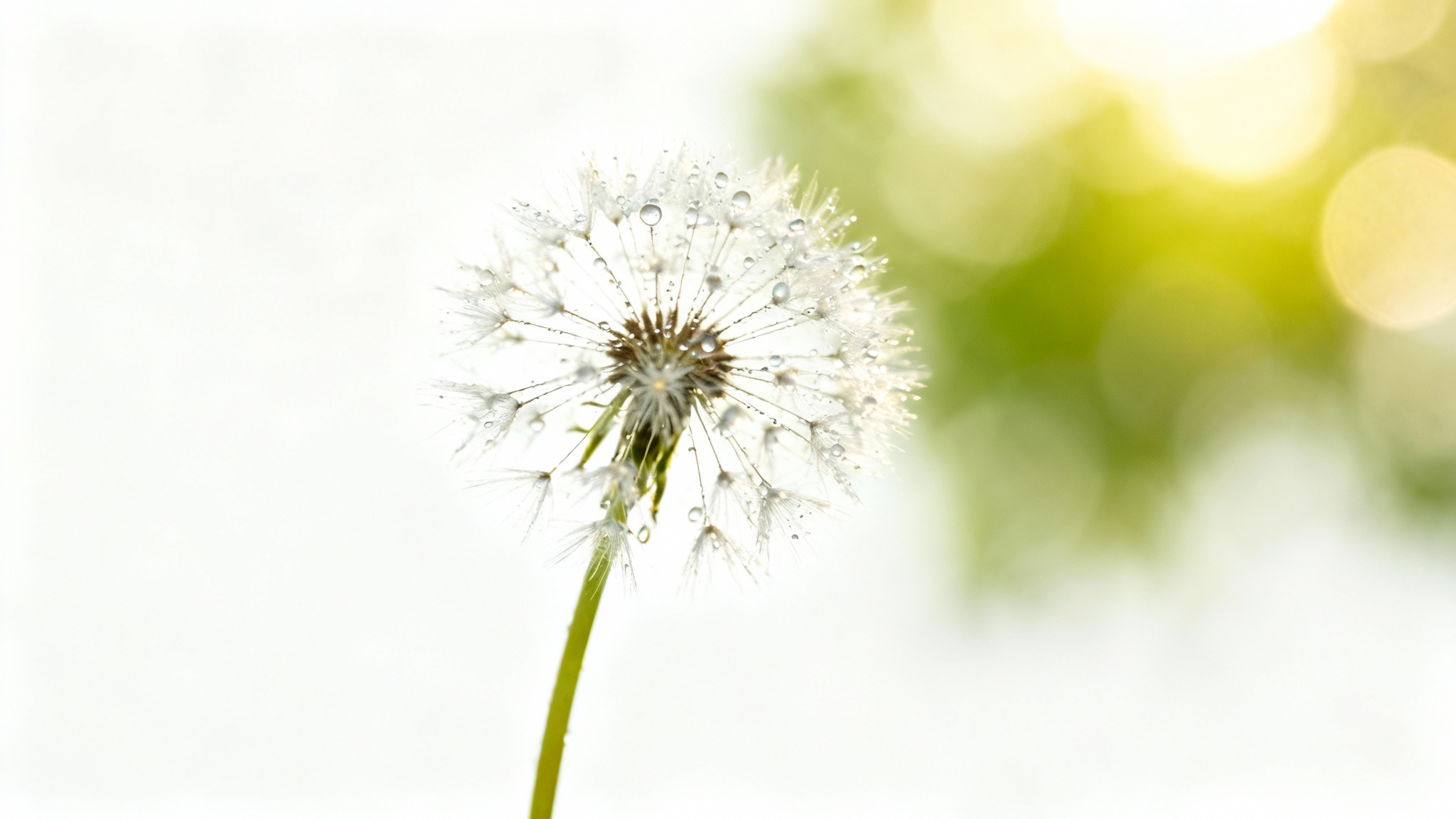A close-up macro photograph of a dandelion seed head in sharp focus, demonstrating shallow depth of field with a softly blurred background on a white backdrop.