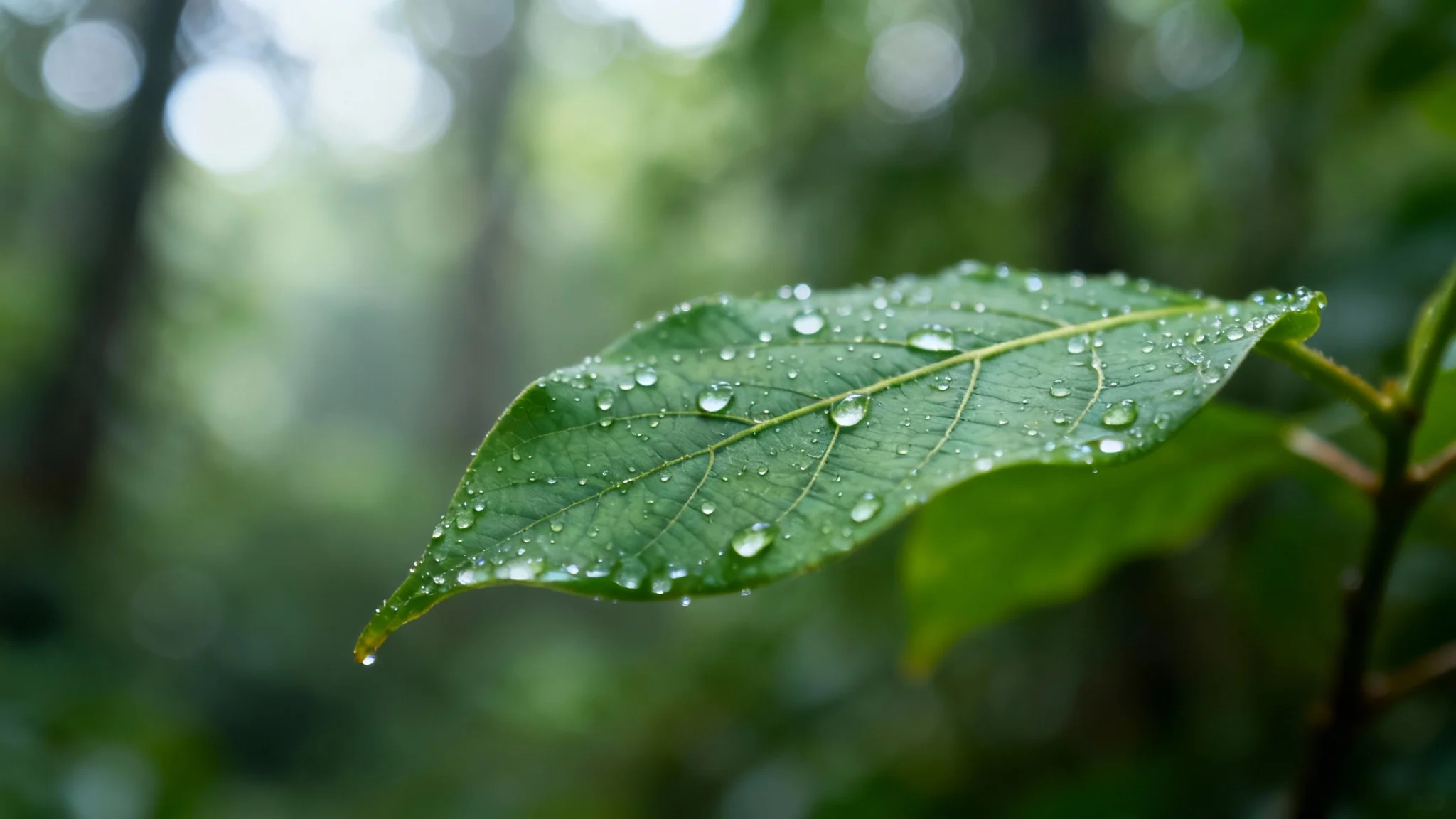 A macro photograph demonstrating shallow depth of field. A single green leaf covered in dew drops is in sharp focus, while the forest background is softly and completely blurred.