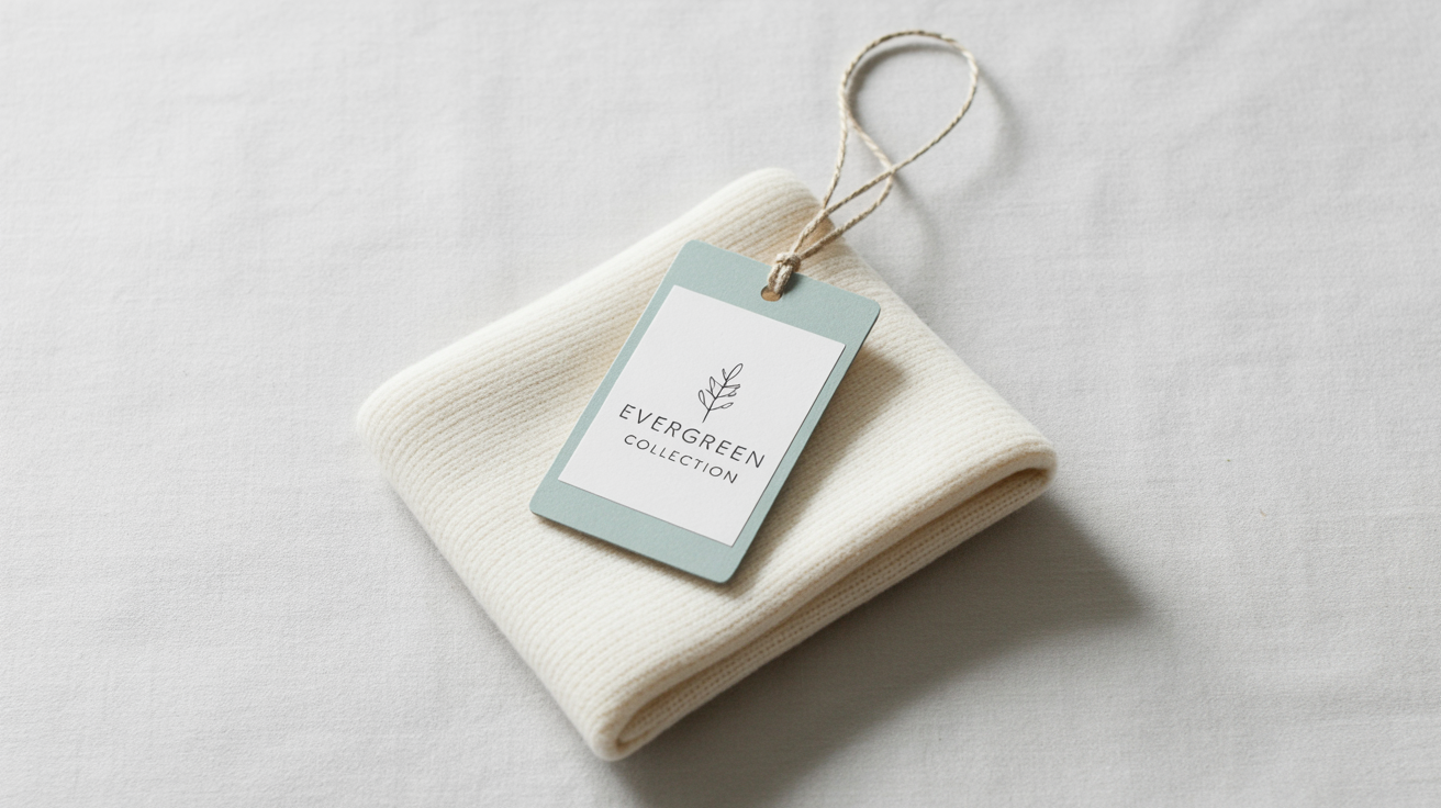 A professional product photo of a rectangular swing tag with the text 'Evergreen Collection' attached to a folded garment, demonstrating a swing tag mockup result.