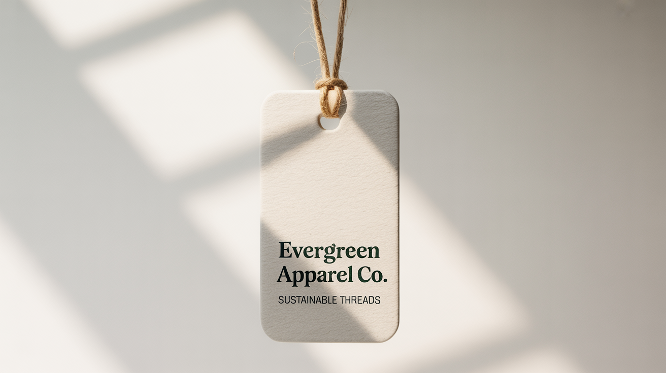 A photorealistic mockup of a single, rectangular swing tag made from off-white textured paper. It features the brand name 'Evergreen Apparel Co.' and has a natural jute string, all set against a plain white background.