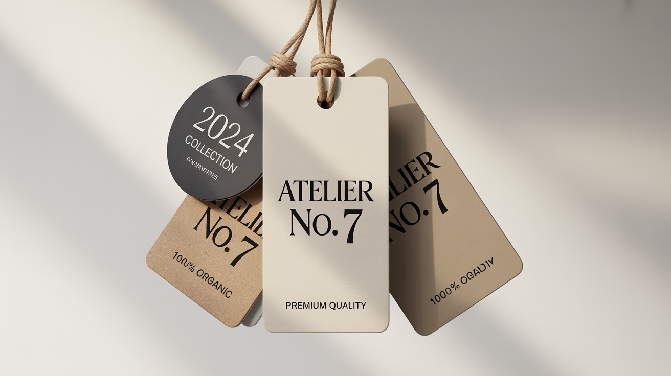 A professional mockup of three different high-quality swing tags for a clothing brand, elegantly arranged on a plain white background.