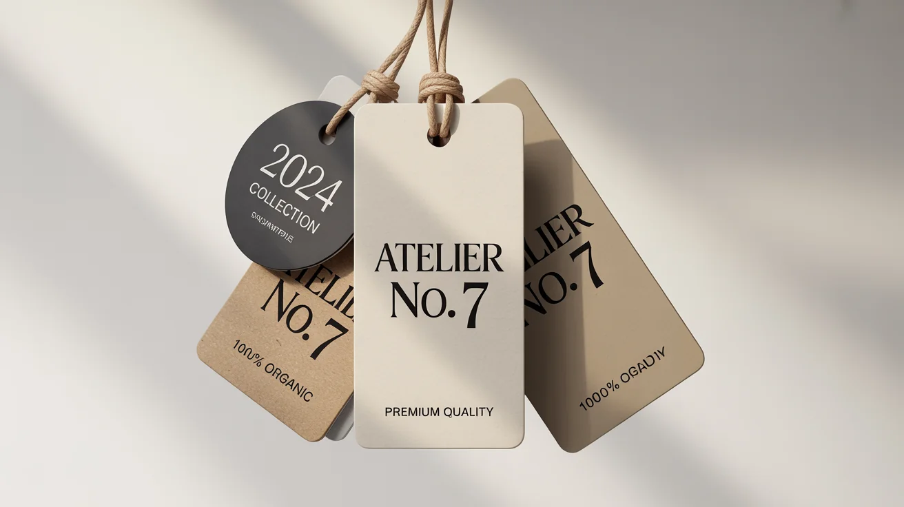 A professional mockup of three different high-quality swing tags for a clothing brand, elegantly arranged on a plain white background.