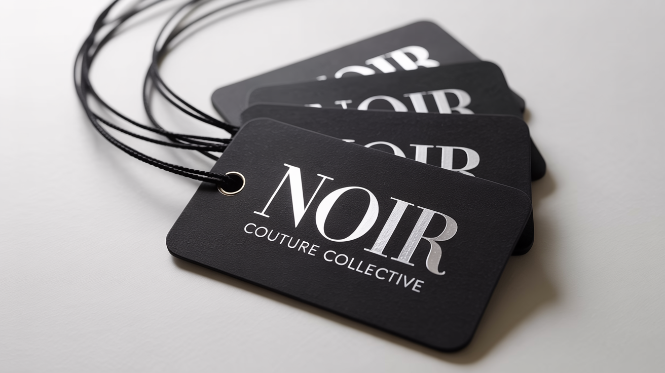 A photorealistic mockup of luxury black swing tags with silver foil text reading 'NOIR' and 'Couture Collective', arranged on a clean white background.