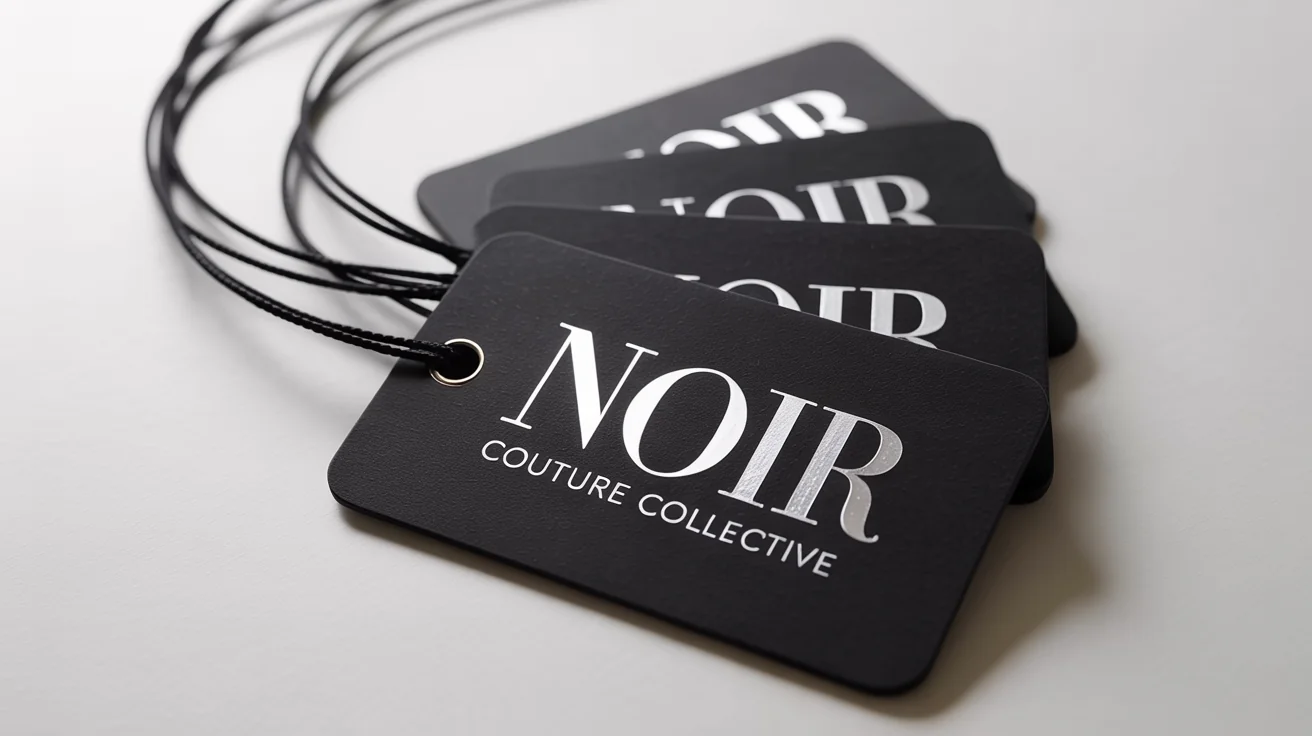 A photorealistic mockup of luxury black swing tags with silver foil text reading 'NOIR' and 'Couture Collective', arranged on a clean white background.