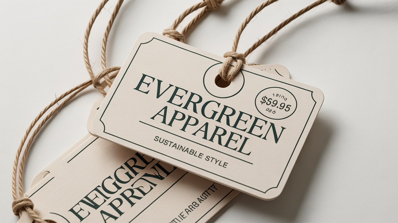 A professional mockup of several kraft paper swing tags for a clothing brand called 'Evergreen Apparel', displayed on a plain white background.