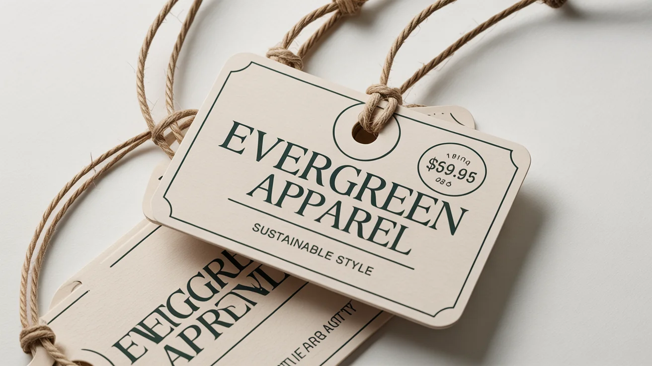 A professional mockup of several kraft paper swing tags for a clothing brand called 'Evergreen Apparel', displayed on a plain white background.