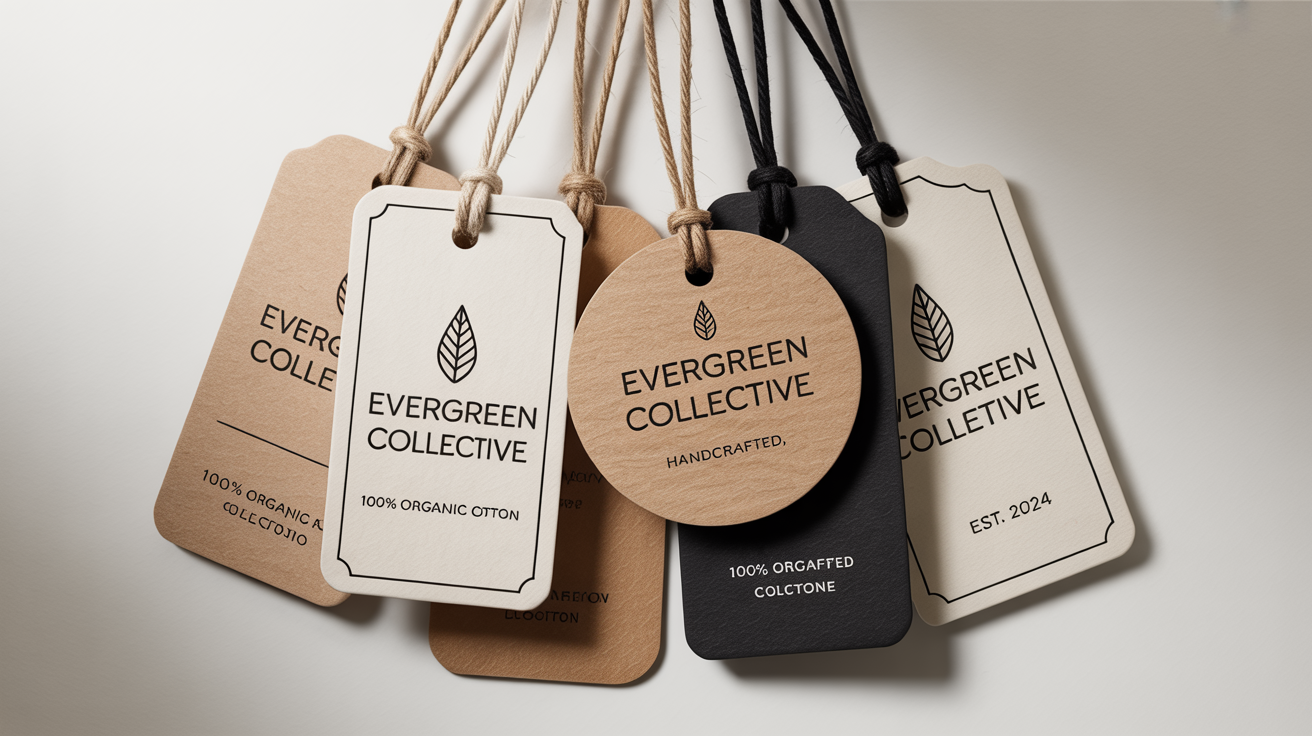 A professional mockup of several high-end clothing swing tags with fictional brand names, displayed in a neat arrangement on a white background, showcasing different materials and designs.