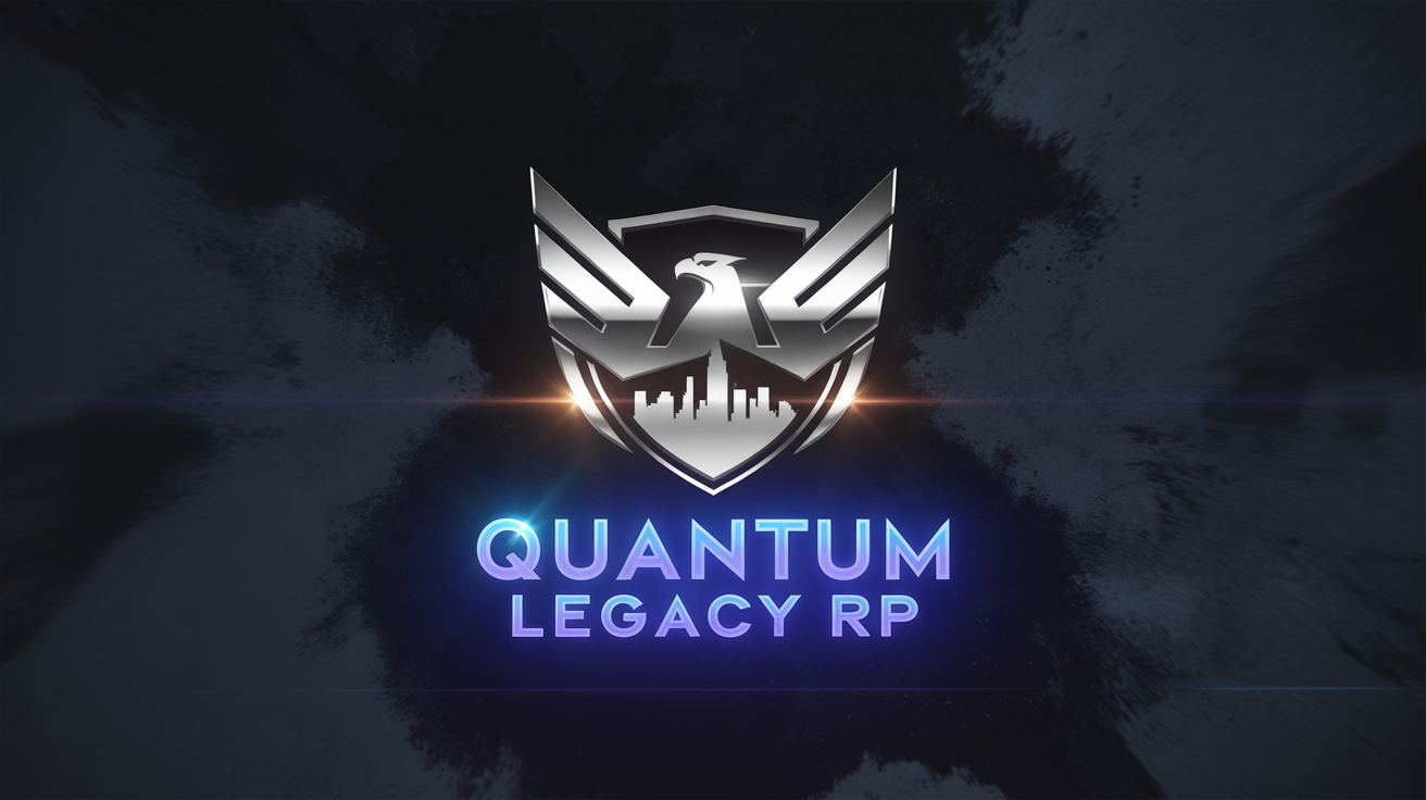 A professionally designed logo for a FiveM roleplaying server named 'Quantum Legacy RP', featuring a chrome eagle emblem and glowing blue text on a dark background.