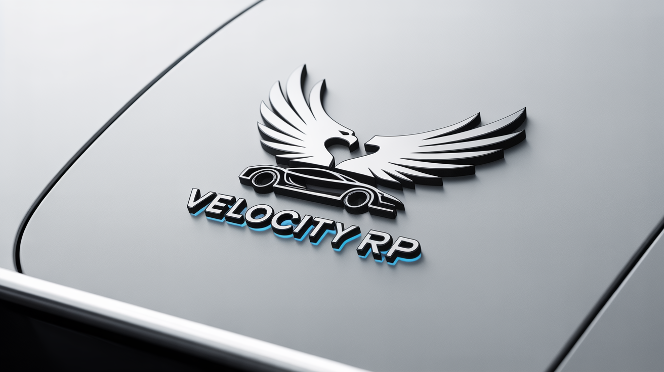 A professional logo for a FiveM server named 'Velocity RP', featuring a stylized eagle, a sports car silhouette, and chrome text with blue highlights, all on a clean white background.