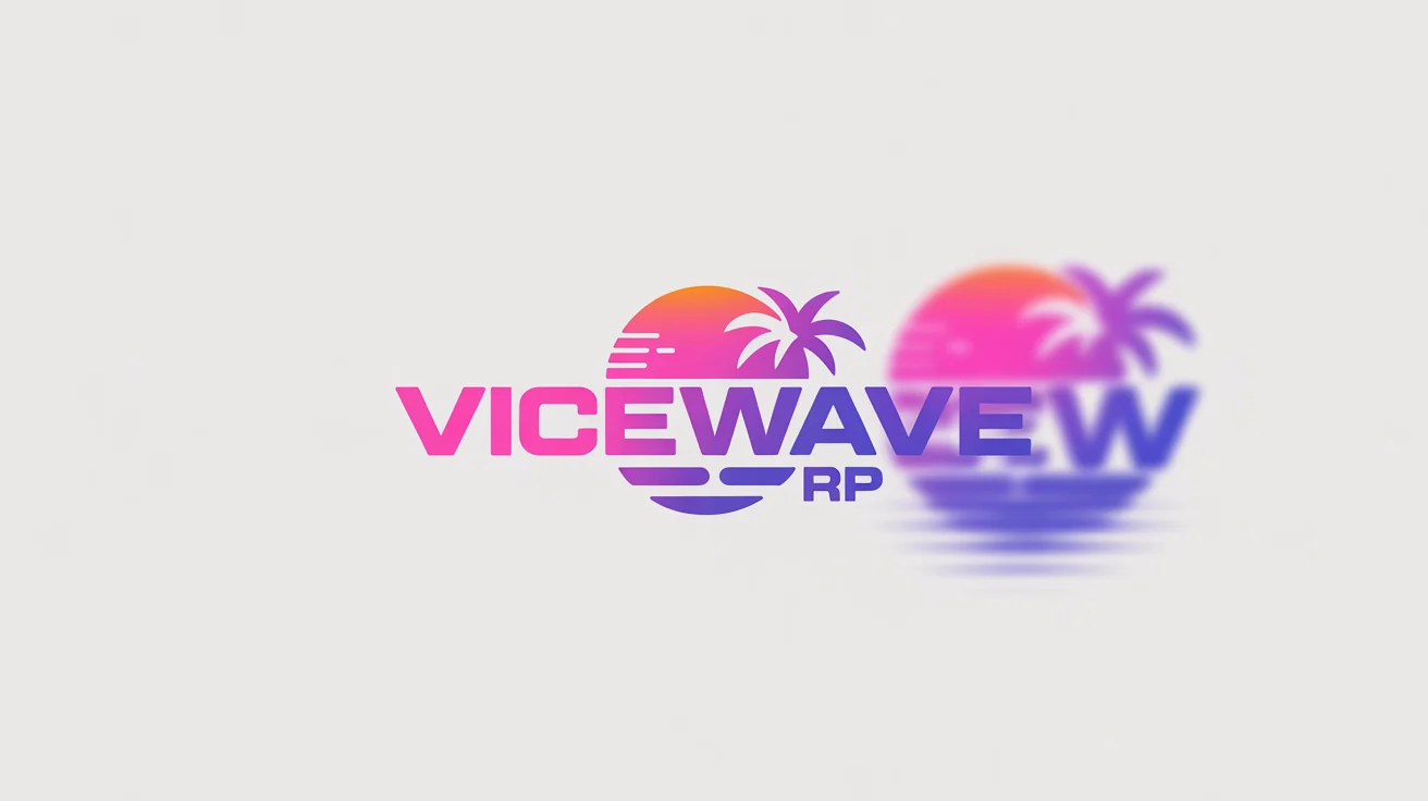A modern logo for a FiveM gaming server called 'Vicewave RP', featuring a neon-colored palm tree and sunset graphic, presented on a clean white background.