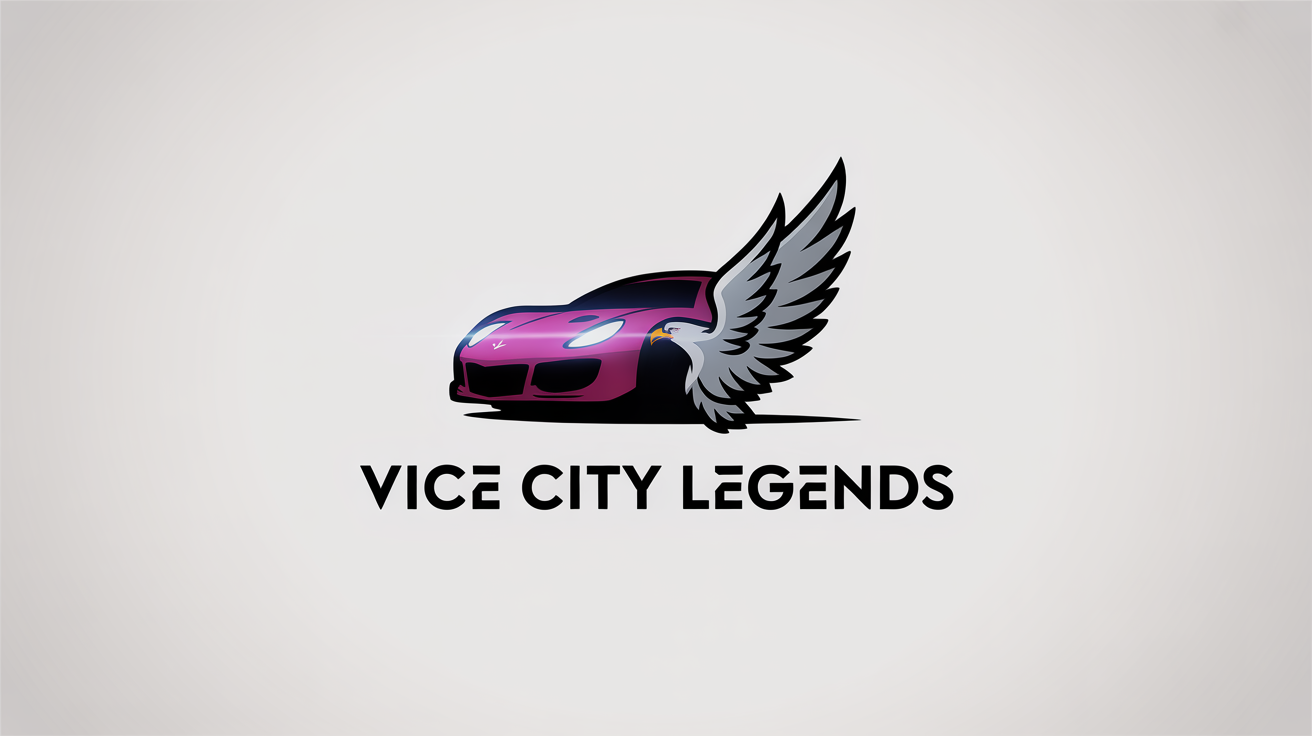 A mockup of a professional FiveM server logo for 'Vice City Legends', featuring a stylized icon of a sports car and an eagle in blue and chrome, set against a white background.