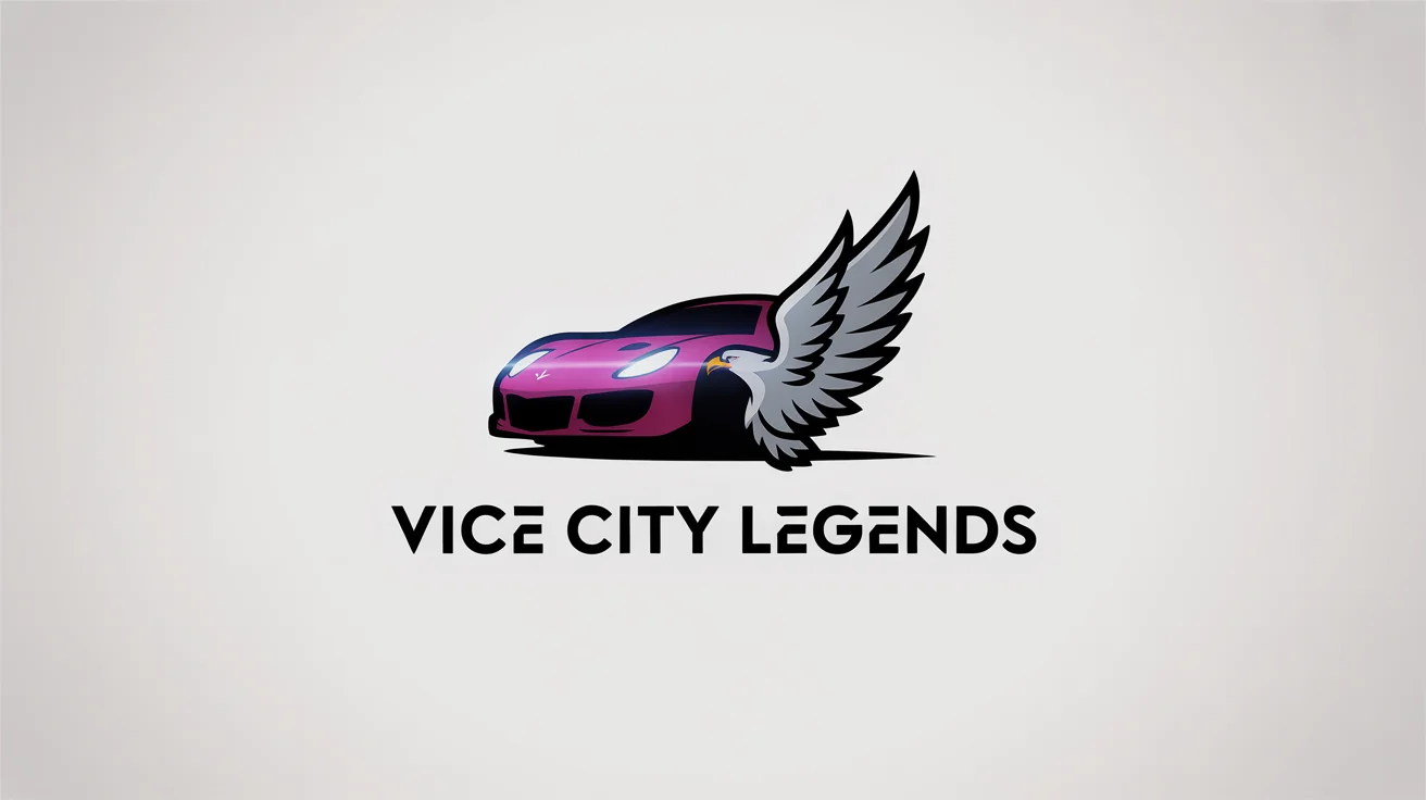 A mockup of a professional FiveM server logo for 'Vice City Legends', featuring a stylized icon of a sports car and an eagle in blue and chrome, set against a white background.
