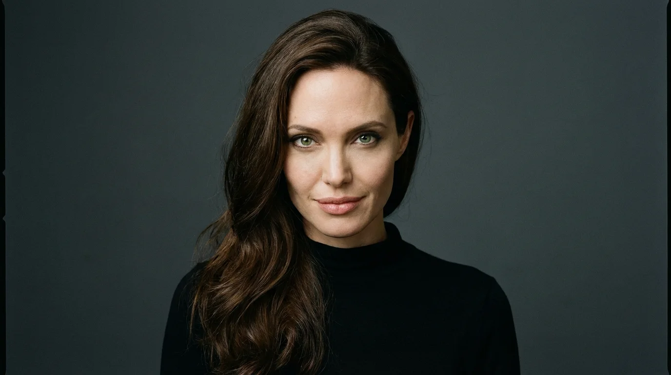 A photorealistic portrait of a woman with long brown hair and green eyes, smiling confidently against a dark gray background.