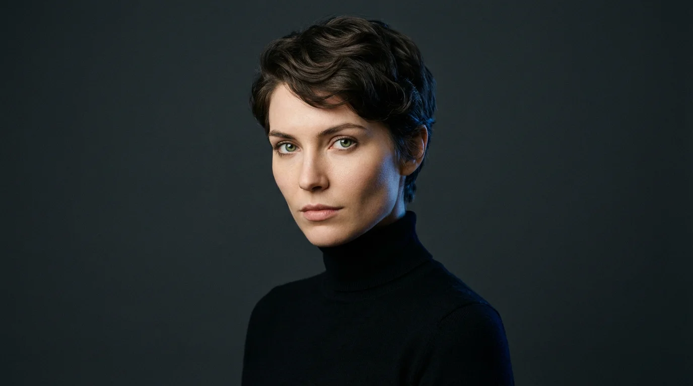A realistic studio portrait of a woman with short dark hair and green eyes, wearing a black turtleneck against a dark gray background, lit dramatically from the side.