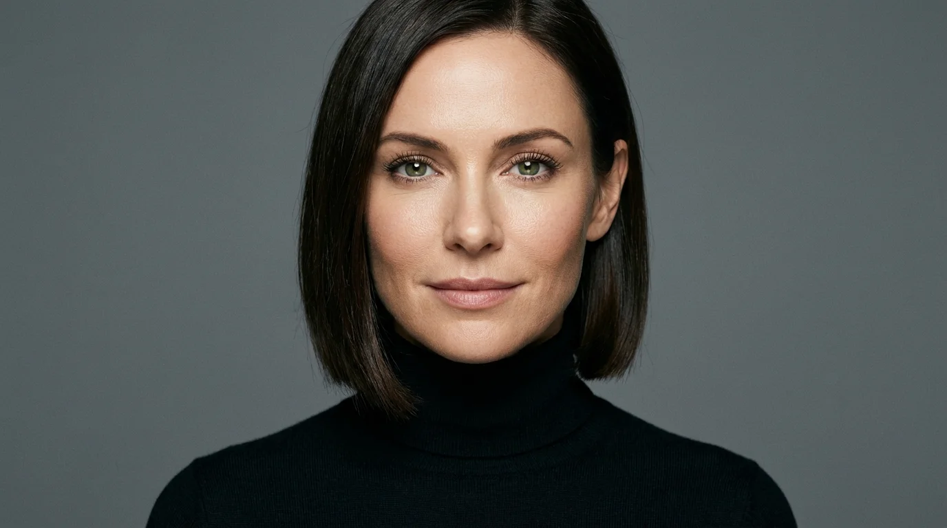 A photorealistic, studio-lit portrait of a woman with a dark brown bob and green eyes, wearing a black turtleneck against a gray background.