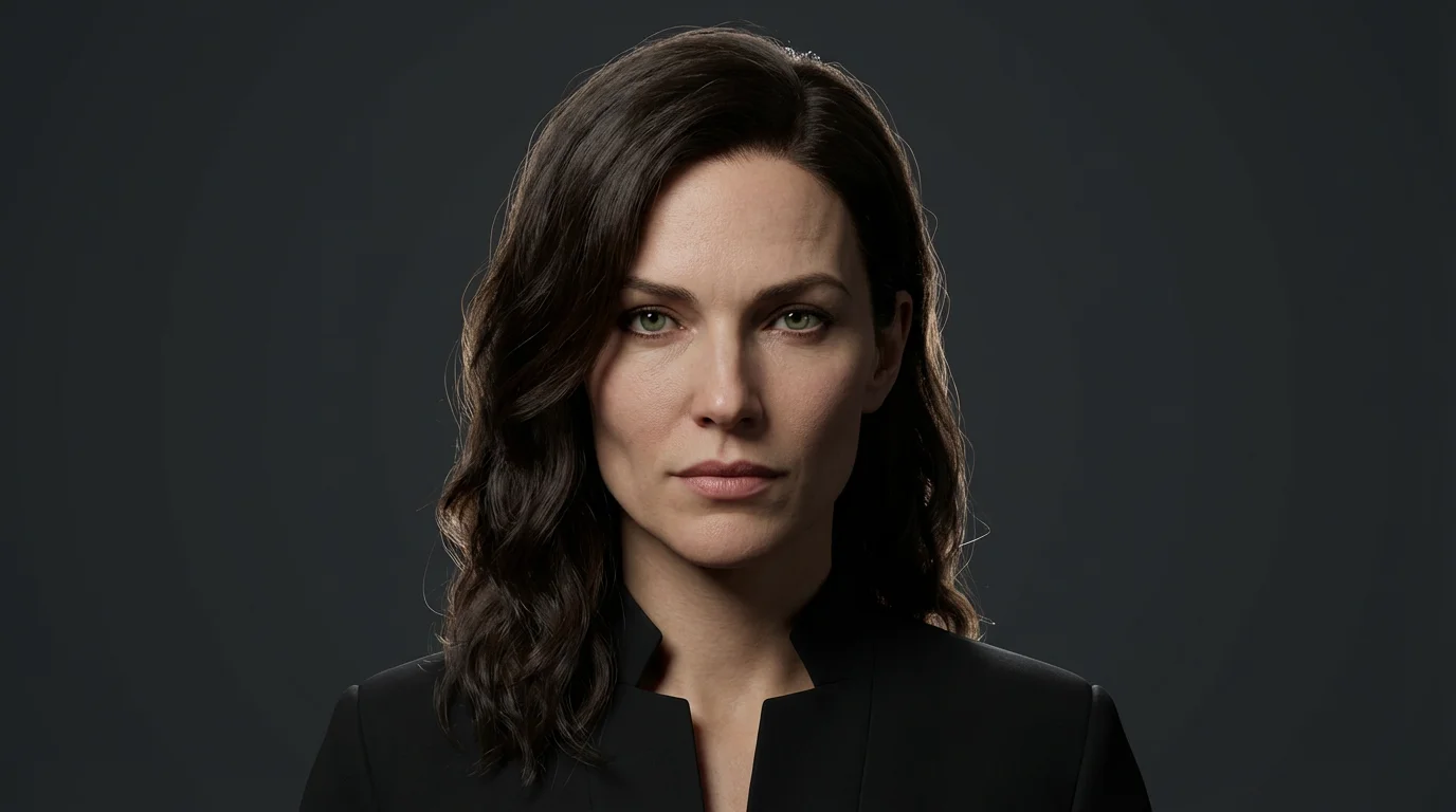 A photorealistic portrait of a woman with brown hair and green eyes, styled like a celebrity headshot with dramatic studio lighting against a dark gray background.