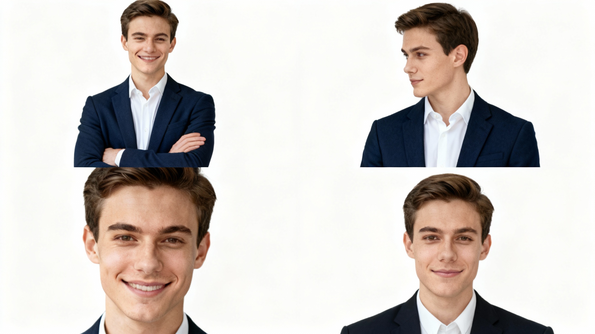A grid of four professional headshots of the same young man in a navy blazer, each showcasing a different pose and expression for a corporate setting.