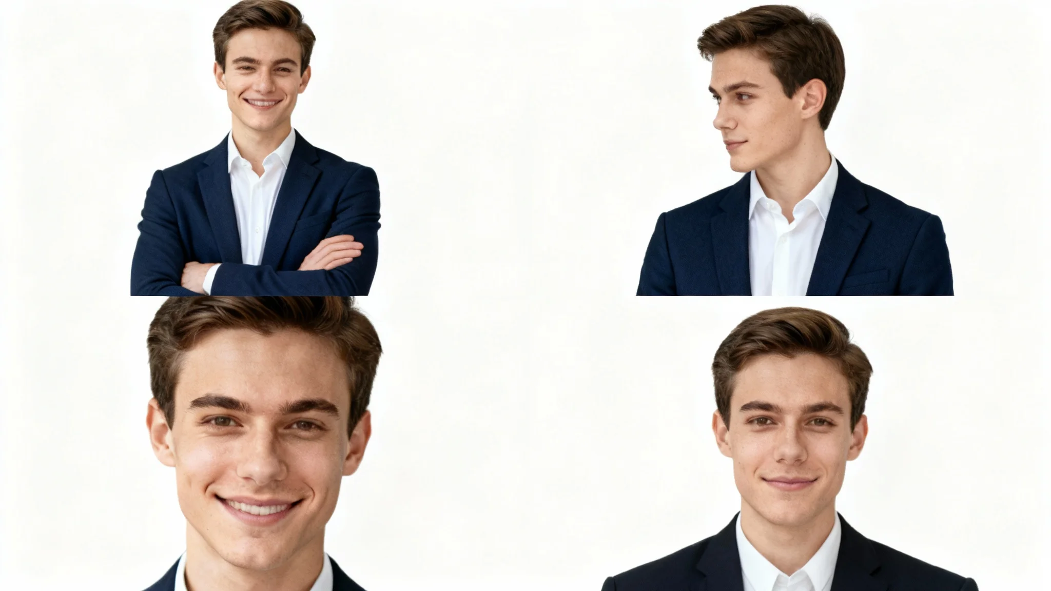 A grid of four professional headshots of the same young man in a navy blazer, each showcasing a different pose and expression for a corporate setting.
