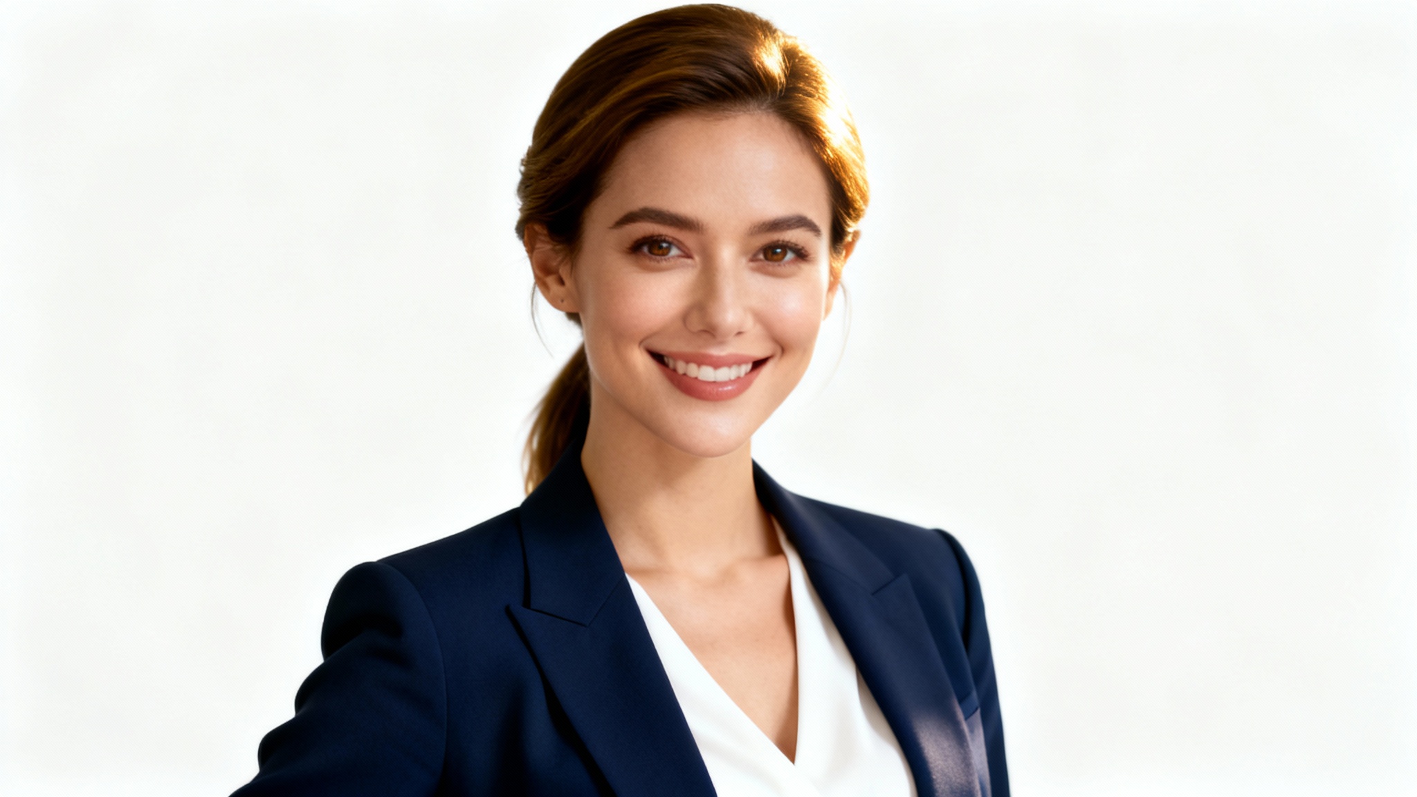 A professional headshot of a smiling businesswoman in a navy blazer, demonstrating a confident and engaging pose against a stark white background.
