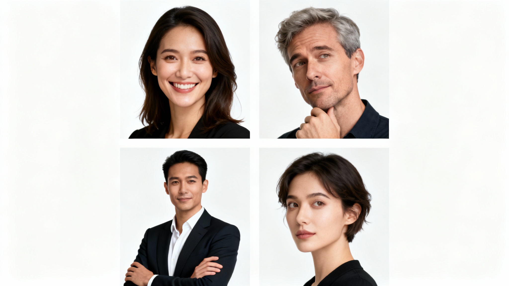 A collage of four professional headshots against a white background, demonstrating different poses: a woman smiling, a man looking thoughtful, a person with arms crossed, and another looking away.