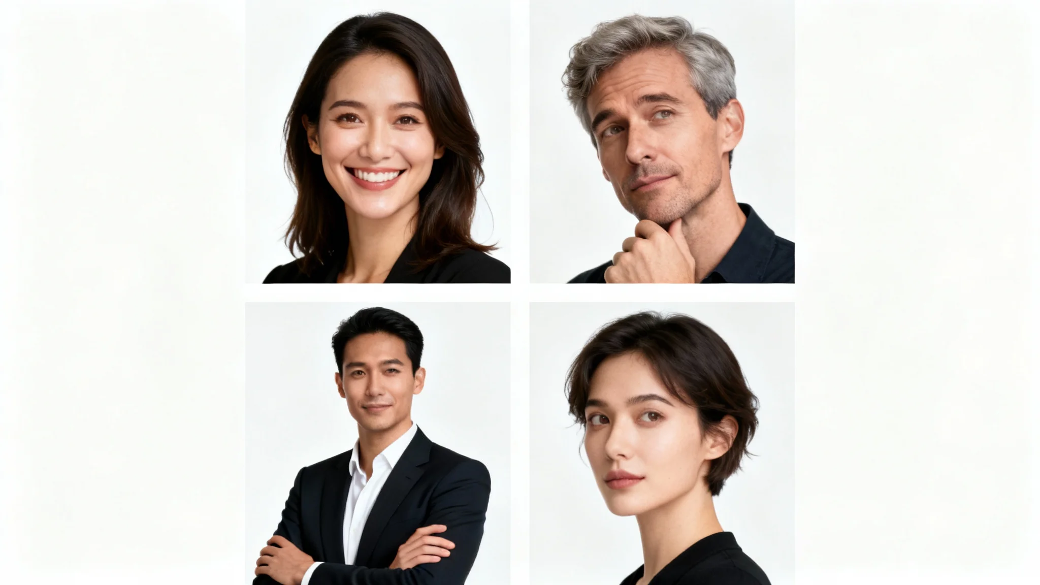 A collage of four professional headshots against a white background, demonstrating different poses: a woman smiling, a man looking thoughtful, a person with arms crossed, and another looking away.