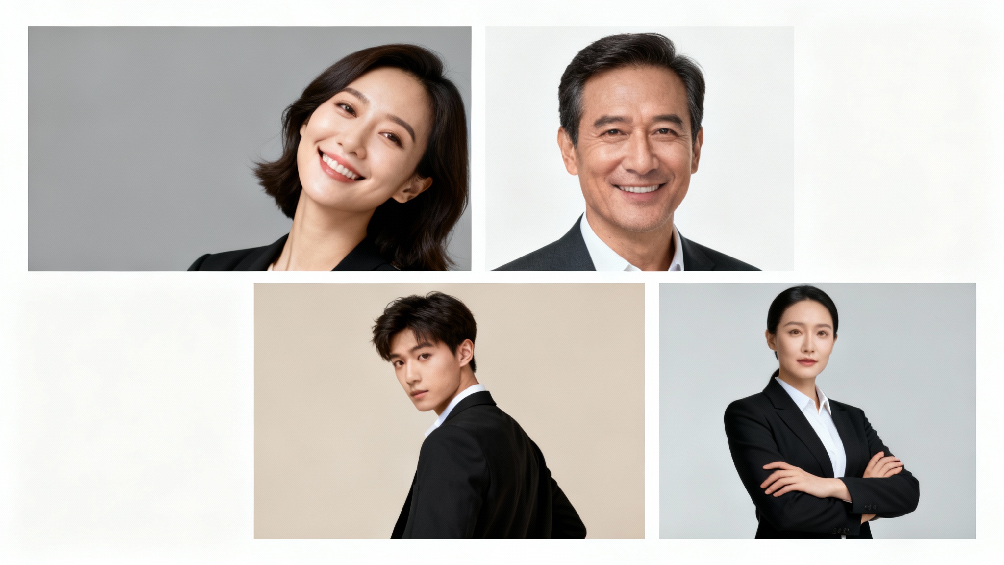 A vibrant collage of four professional headshots showcasing a diverse group of people in different confident poses against clean studio backgrounds.