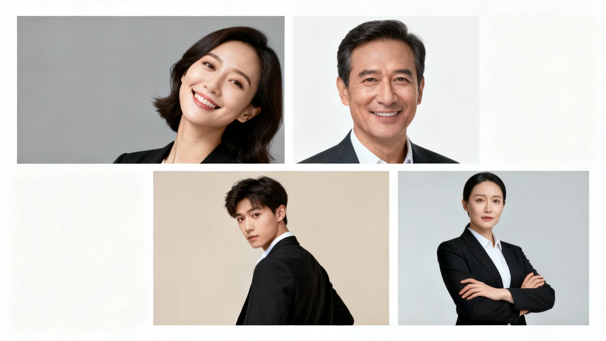 A vibrant collage of four professional headshots showcasing a diverse group of people in different confident poses against clean studio backgrounds.