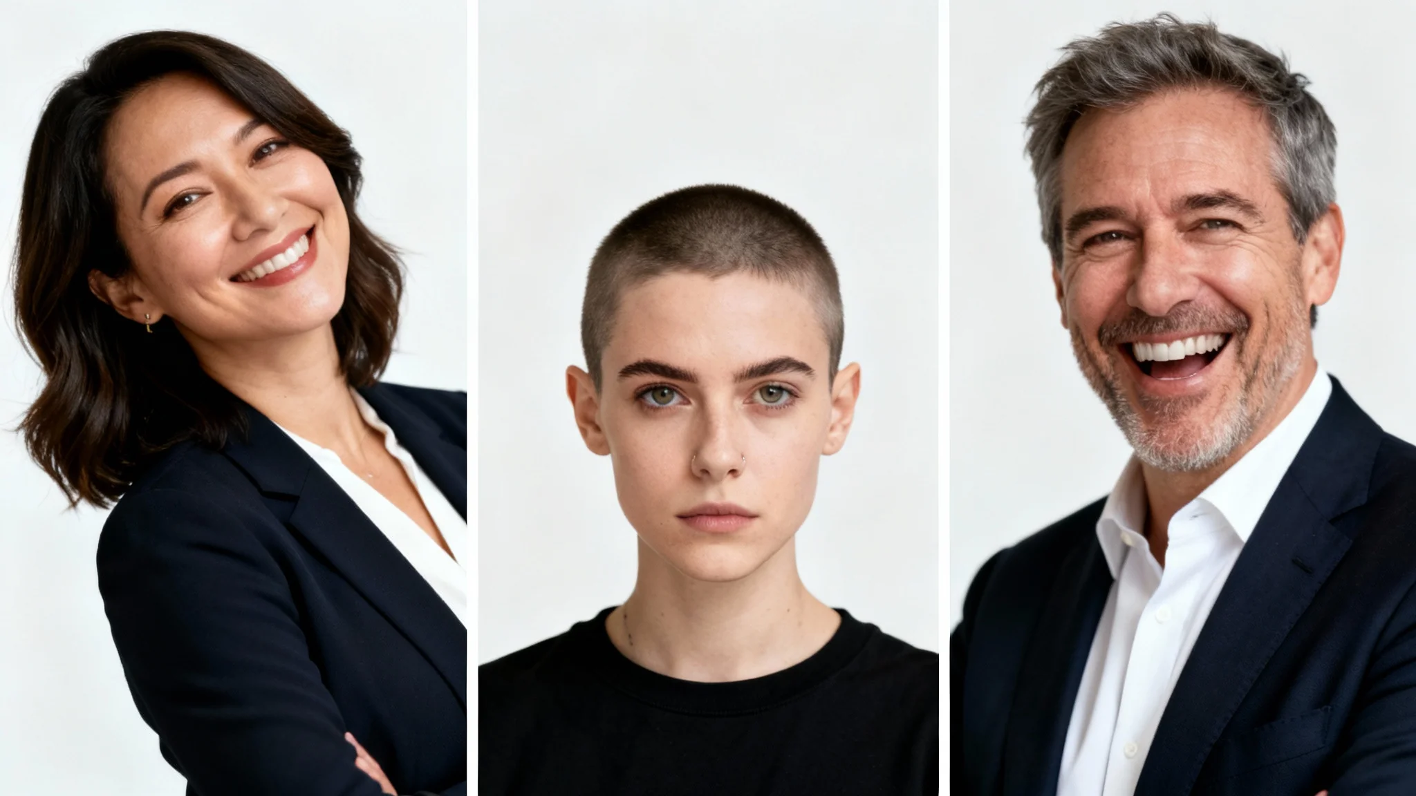 A collage of three professional headshots on a white background, showcasing a diverse group of people in different confident poses for inspiration.