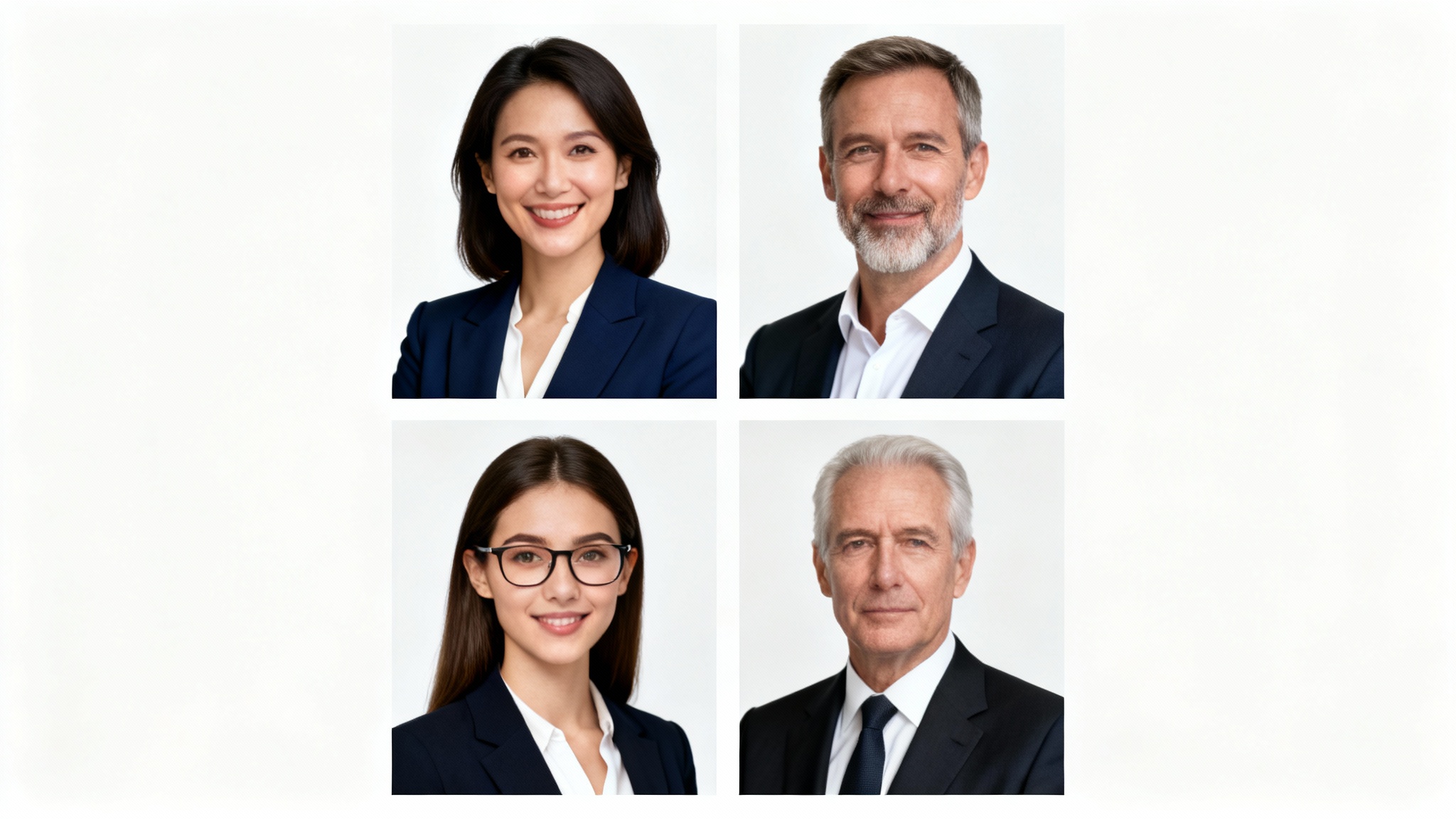 A collage of four professional headshots on a white background, demonstrating a variety of poses suitable for corporate profiles.