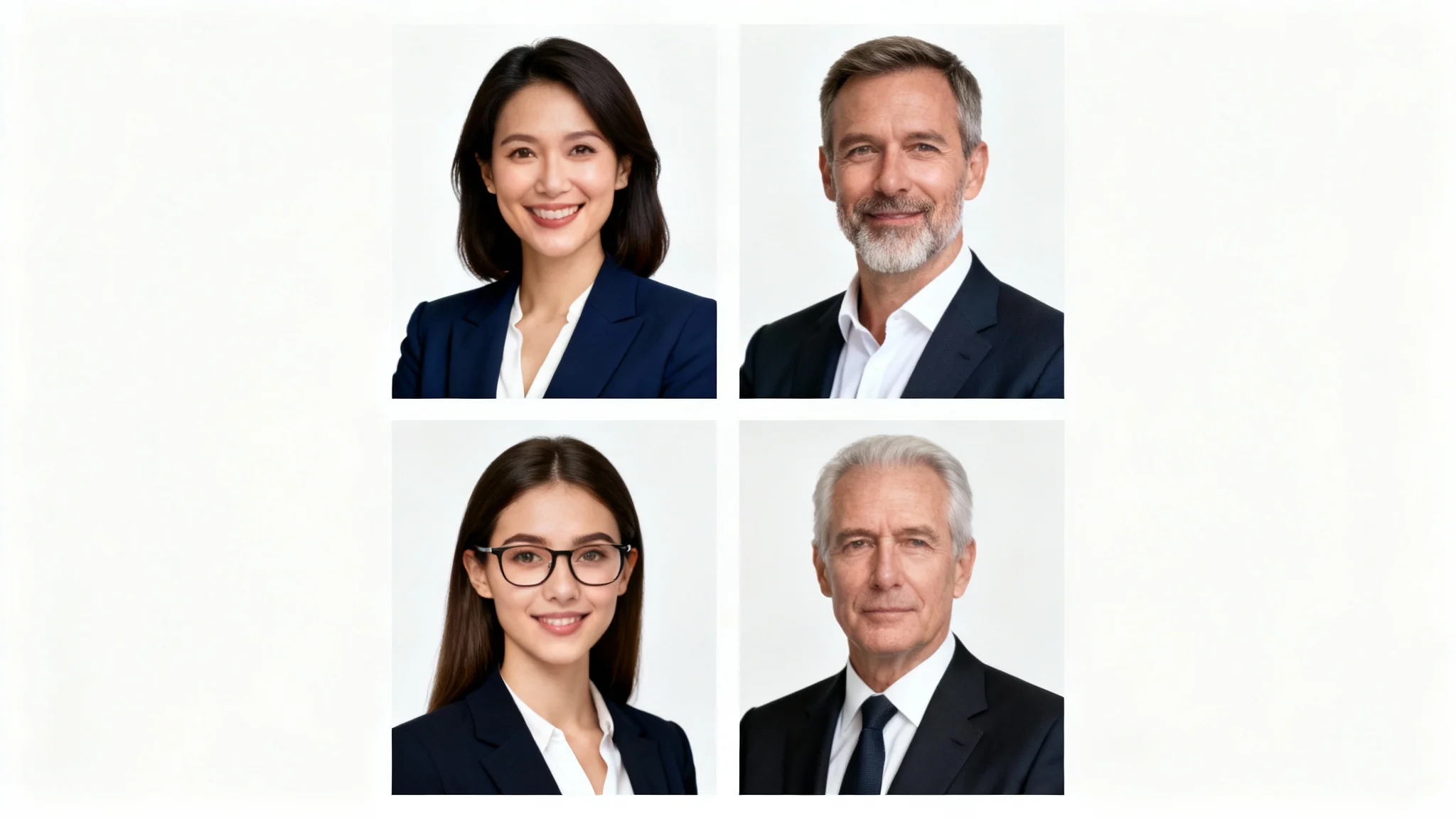 A collage of four professional headshots on a white background, demonstrating a variety of poses suitable for corporate profiles.