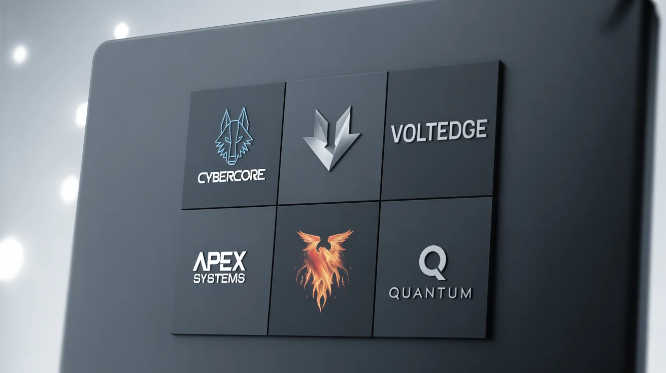 A collection of four modern, high-tech logos for PC gaming brands, including designs with a wolf, a phoenix, and abstract symbols, presented in a grid.