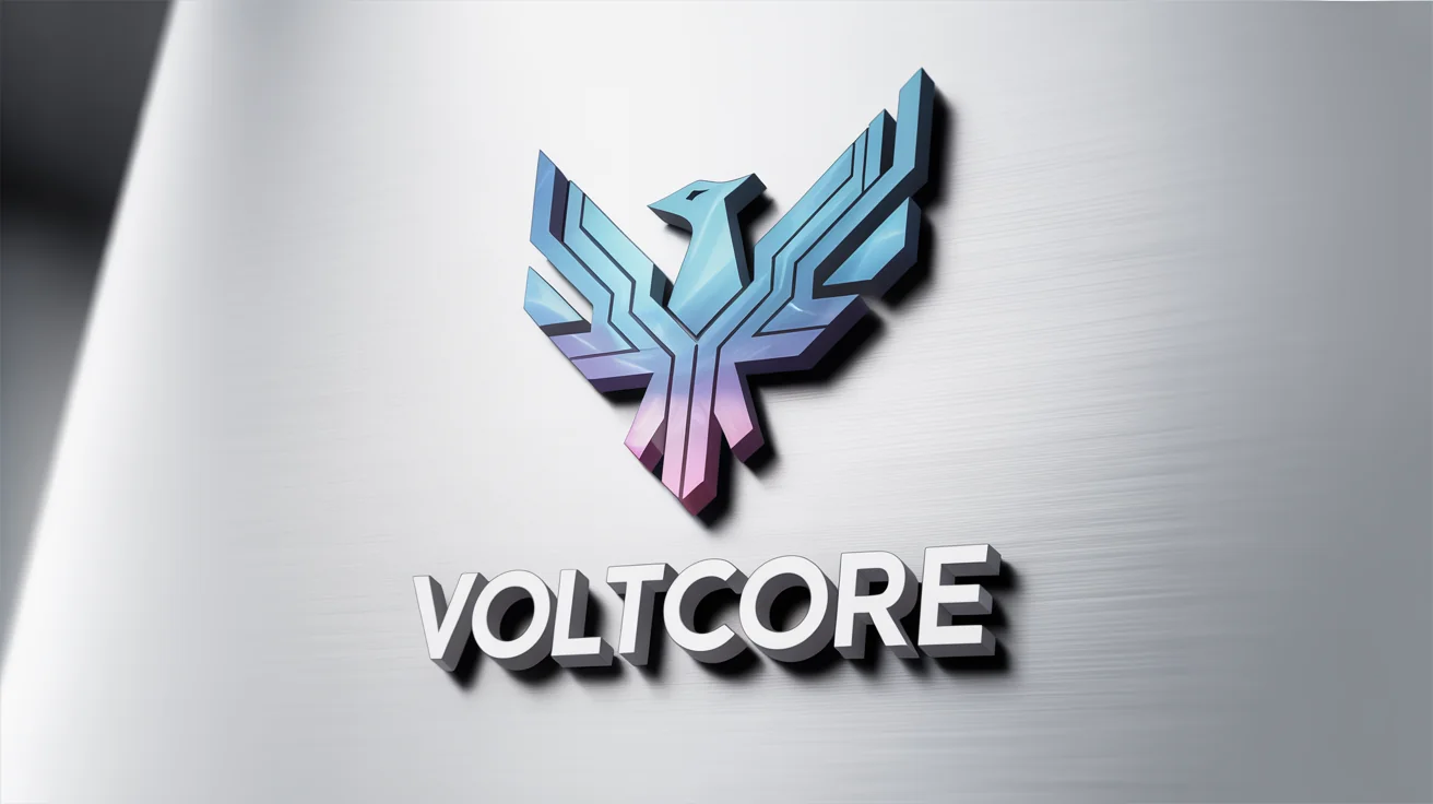 A 3D mockup of a logo for a PC company named 'VOLTCORE', featuring a geometric phoenix with circuit-patterned wings in blue and silver, set against a clean white background.
