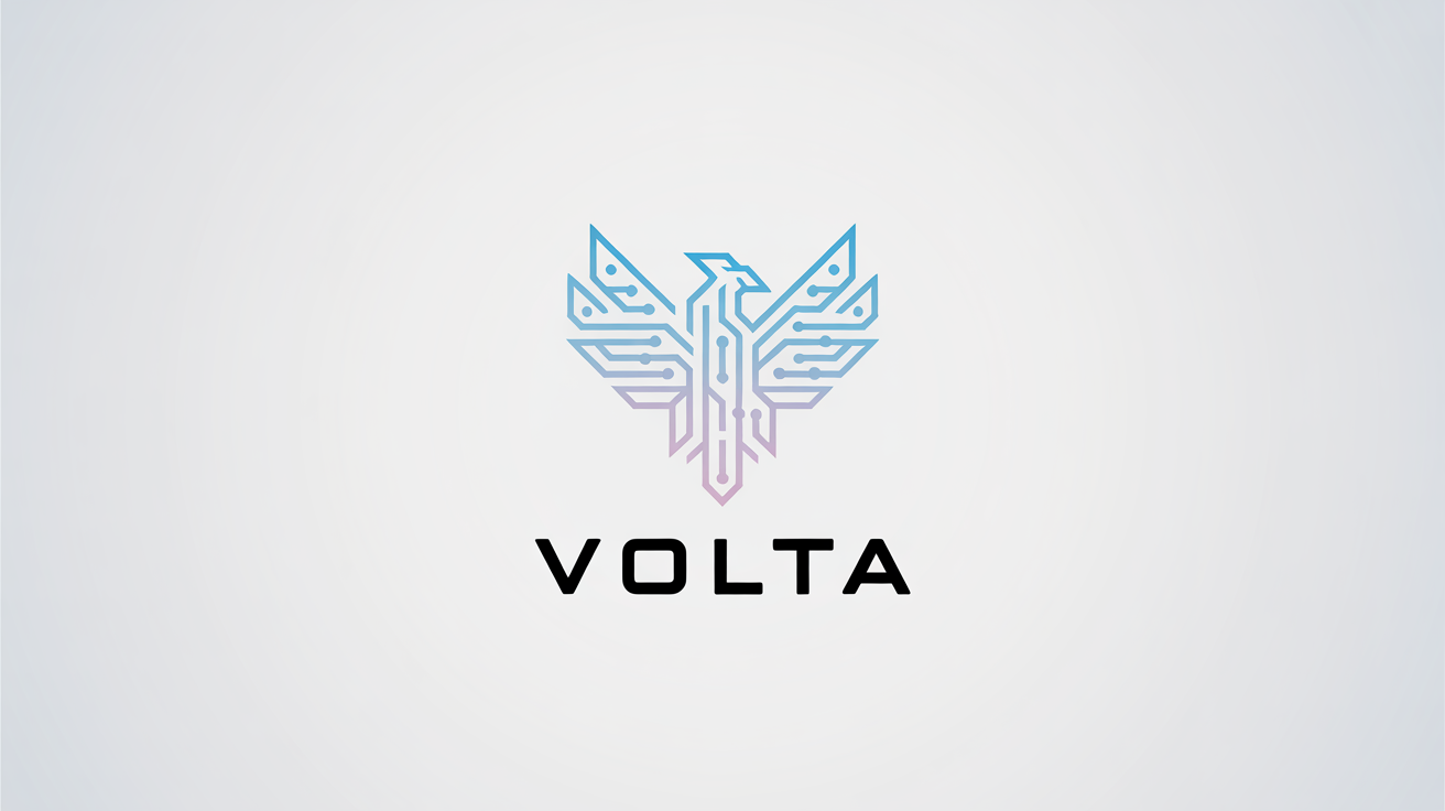 A modern, professional logo for a PC company named 'VOLTA', featuring a stylized geometric phoenix in blue and silver, displayed on a white background.