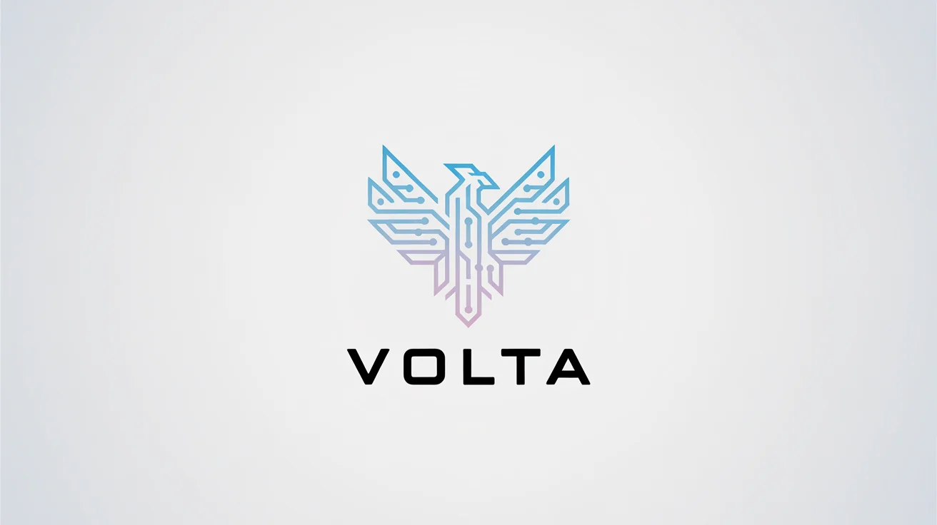 A modern, professional logo for a PC company named 'VOLTA', featuring a stylized geometric phoenix in blue and silver, displayed on a white background.
