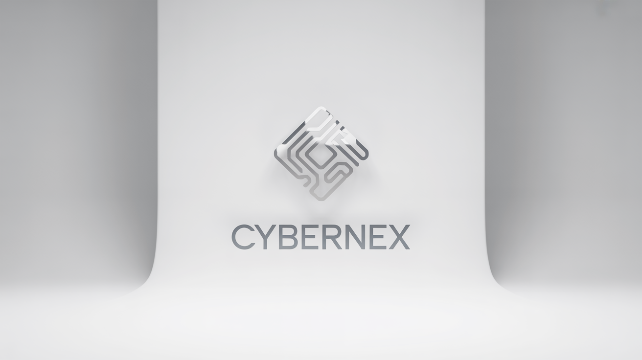 A modern and sleek logo for a PC brand named 'CYBERNEX'. The logo features a silver geometric symbol above the brand name, all set against a clean white background.