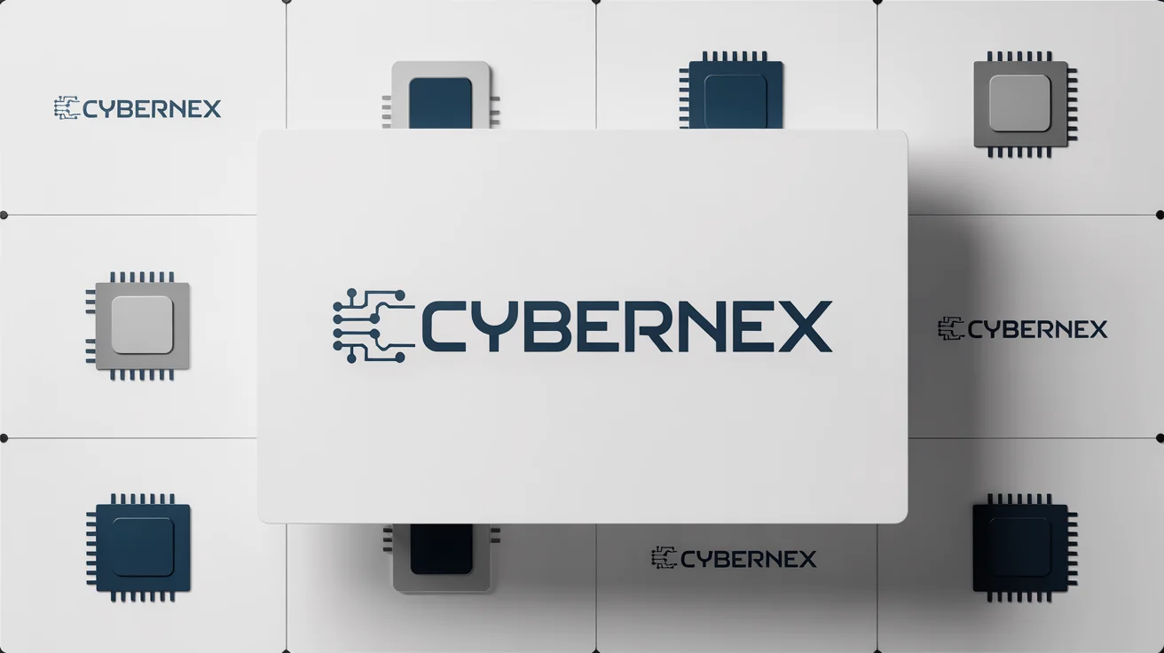 A collection of modern, professional logo designs for a PC technology company named 'CYBERNEX', mocked up on a clean white background, featuring geometric designs in blue and silver.