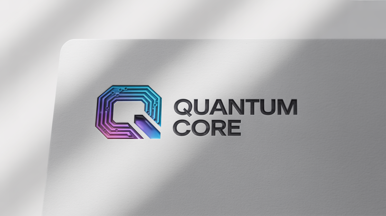 A modern logo mockup for a PC technology company named 'Quantum Core' on a white background. The logo features a stylized 'Q' with blue and silver circuit patterns.