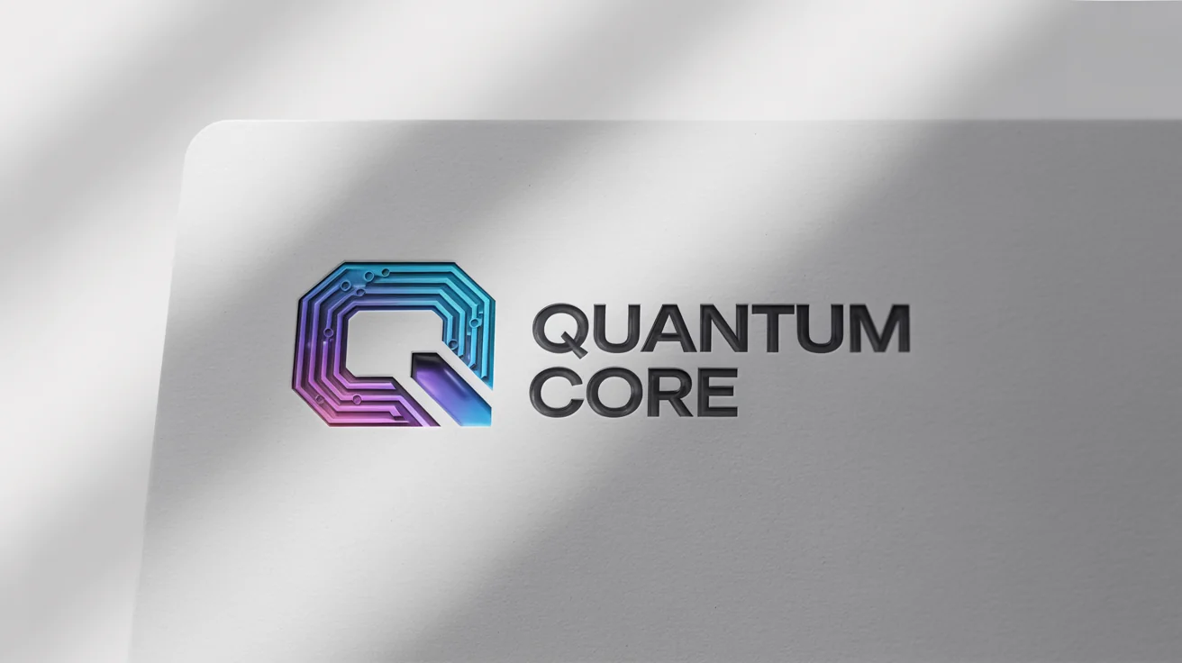 A modern logo mockup for a PC technology company named 'Quantum Core' on a white background. The logo features a stylized 'Q' with blue and silver circuit patterns.