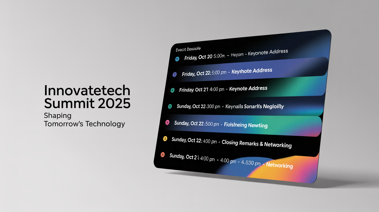 A polished event schedule graphic for the 'InnovateTech Summit 2025,' showcasing a modern design with color-coded sections for different days and legible text for sessions like 'Keynote Address' and 'Panel: The Future of AI'.