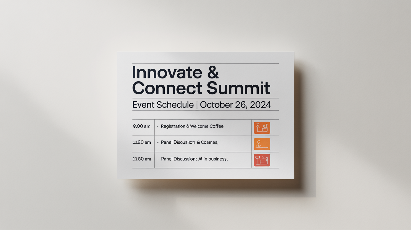 A professionally designed event schedule for the 'Innovate & Connect Summit' displayed on a clean white background, showing a timeline of events including a keynote, panel discussion, and networking lunch.