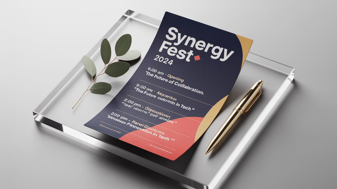 A professionally designed event schedule for 'Synergy Fest 2024' laid out on a white background, featuring a modern design with blue, coral, and gold colors, and a gold pen placed beside it.