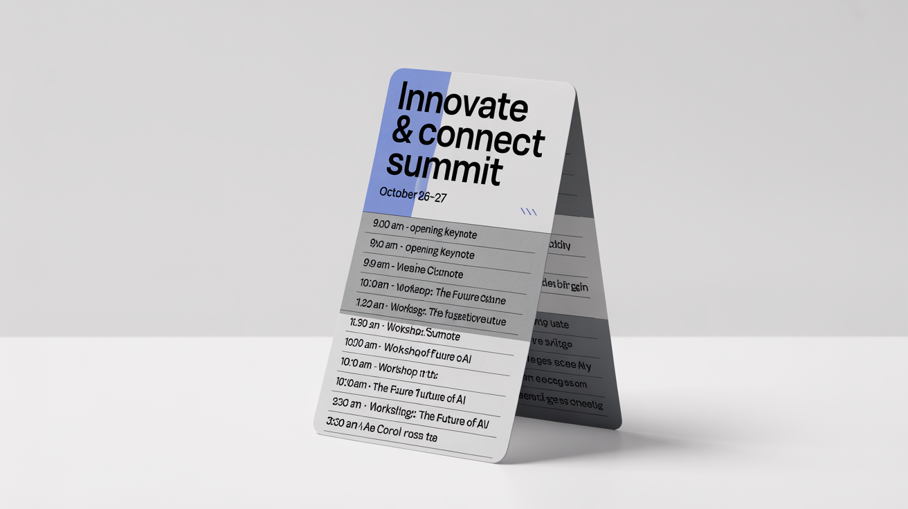 A modern, professionally designed event schedule for the 'Innovate & Connect Summit', shown as a photorealistic mockup on a clean white background.