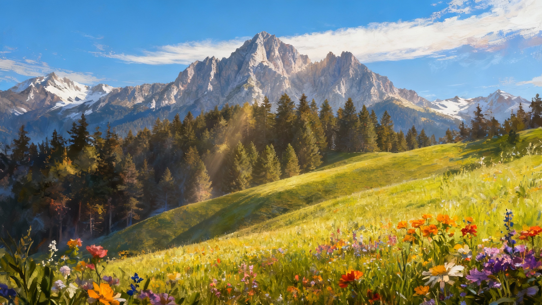 A finished parallax background showing a vibrant fantasy landscape with distinct layers: green hills in the foreground, a sunlit forest in the middle, and majestic mountains in the background.
